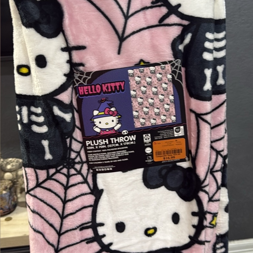 Hello Kitty Skeleton Plush Blanket - Pink, Black, White